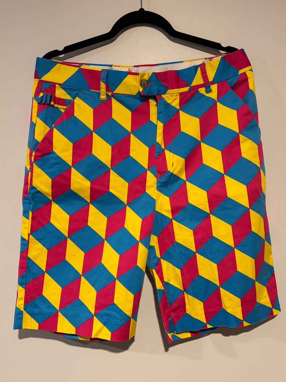 Royal and Awesome Geometric golf Shorts in Blue, Yellow & Pink